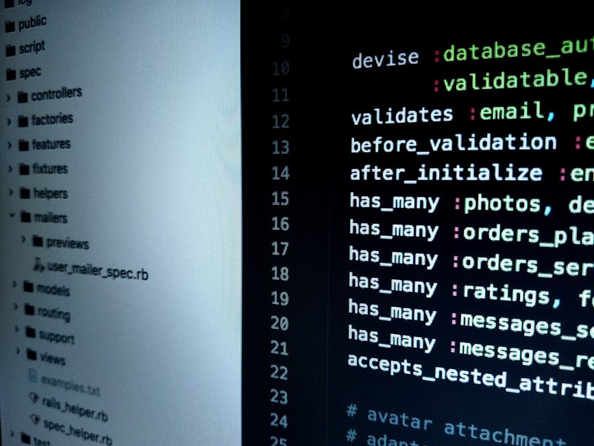 A computer screen displaying lines of code with syntax highlighting in various colors, including green, blue, purple, and white. The code appears to be part of a web application's backend, showing ele
